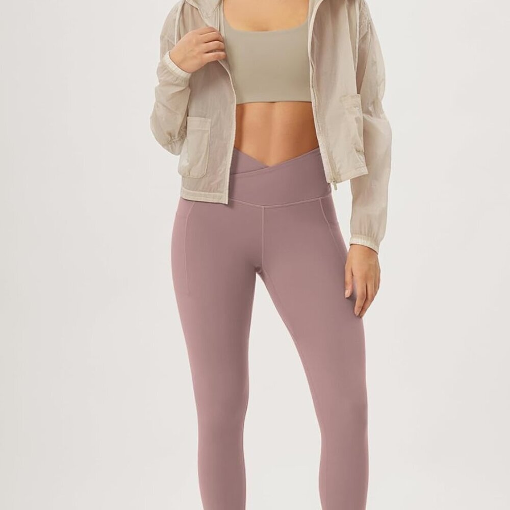 Women's Gathered Cross Waist Yoga Leggings with Pockets, 25" / 28" Crossover Wor - Picture 2 of 6